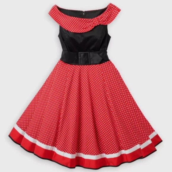 Disney Parks The Dress Shop Minnie Mouse Red Polka Dot Dress Size L Retro Pinup - Picture 1 of 7